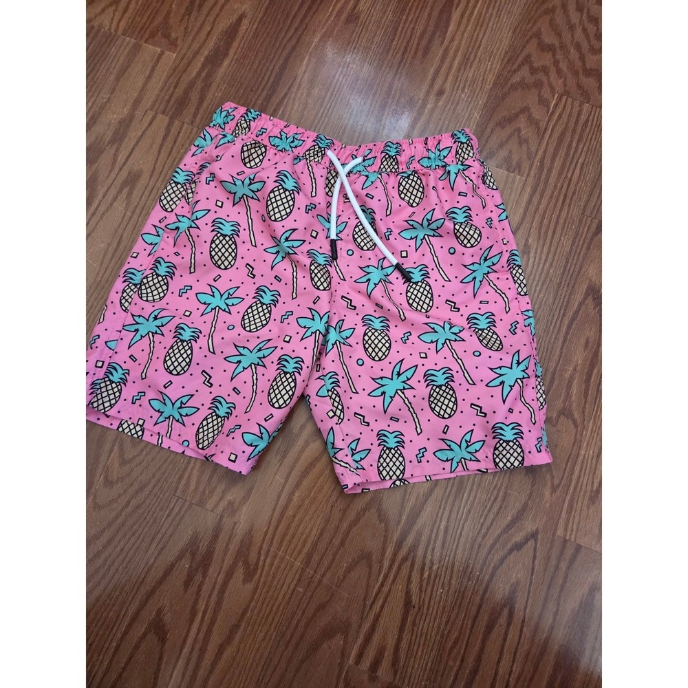 Maamgic Mens Pink Tropical Pineapple Palm Tree Swim Trunks Mesh Liner Sz S